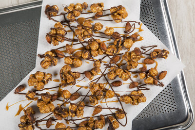 Almond Caramel Popcorn with Milk Chocolate Drizzle