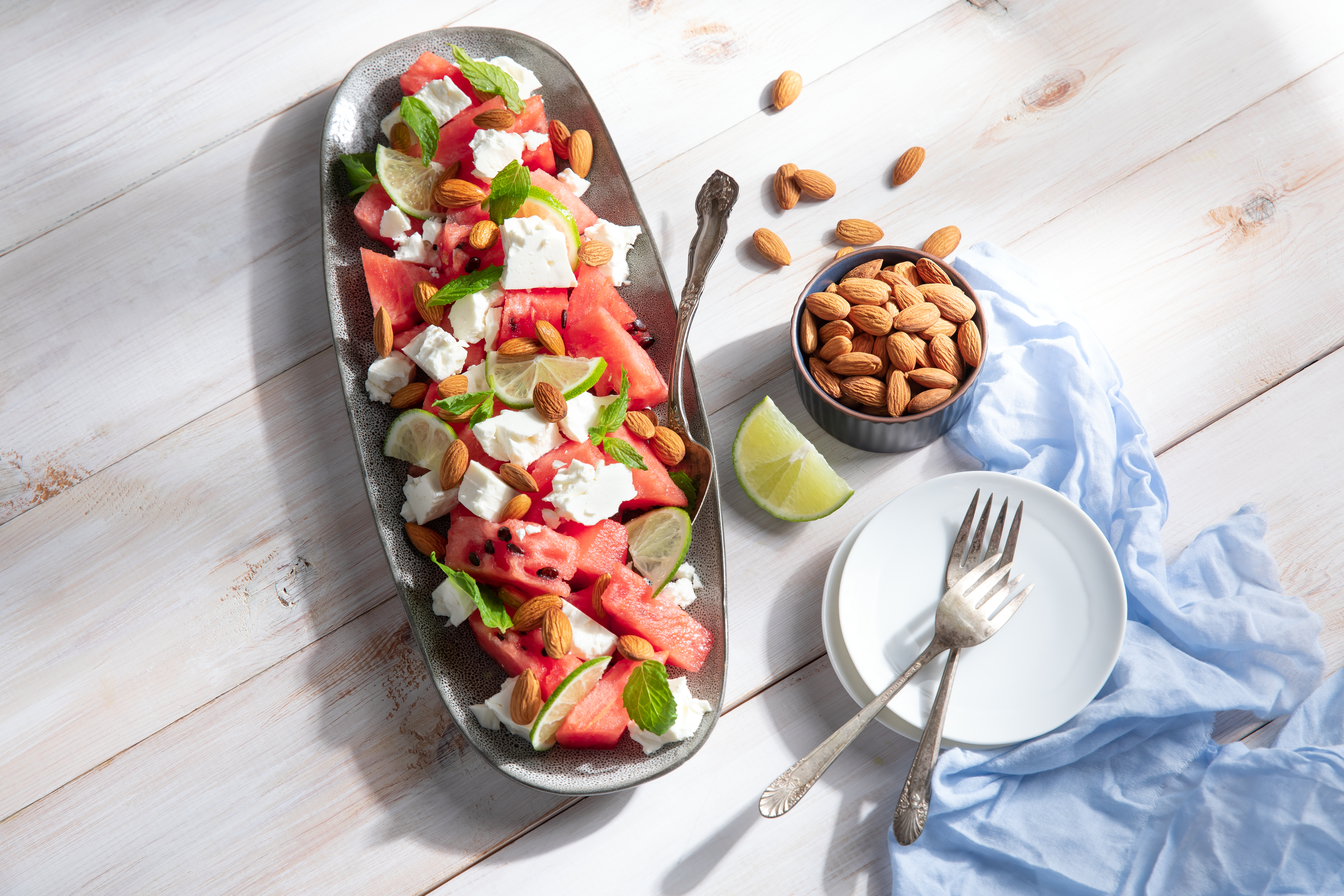 watermelon feta cheese salad with almonds
