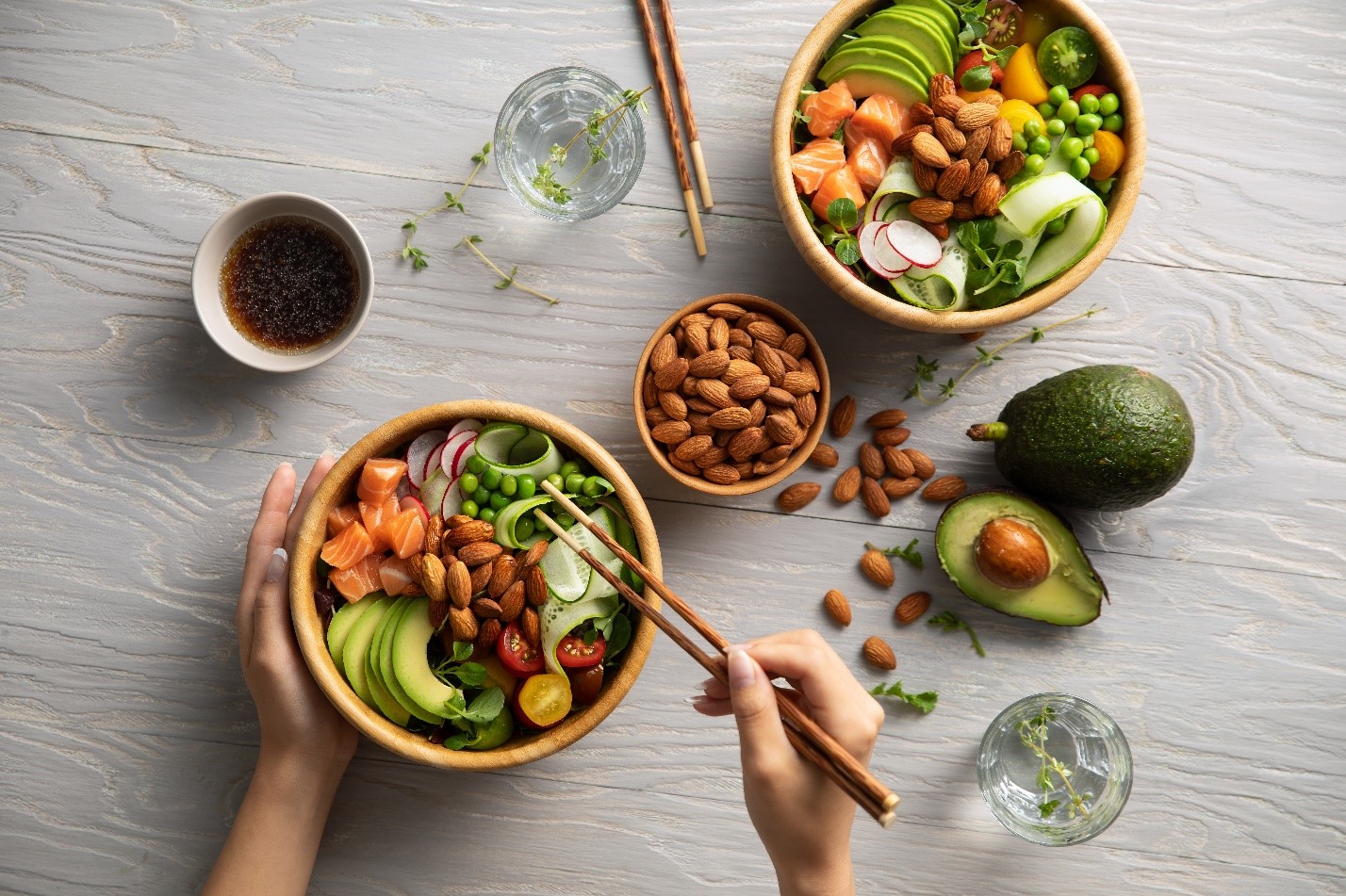 almonds placed on a bowl of poke