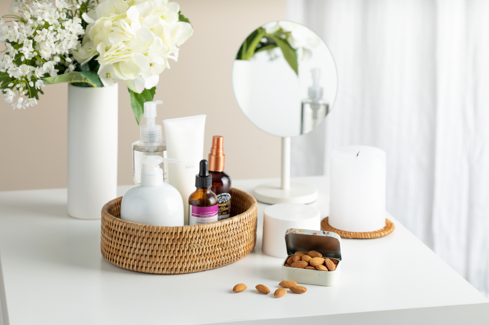 Almonds inside a makeup tool box